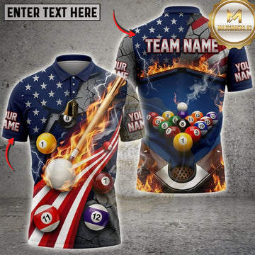 Maxcorners Billiards American Flag Flaming Pool Cue And Colorful Pool Balls Personalized Name 3D Unisex Shirt