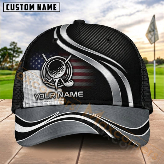 Maxcorners Golf Black Silver Ball Dynamic Wave Personalized Name 3D Cap