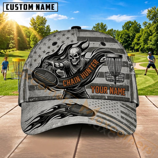 Maxcorners Disc Golf Silver Skull Chain Basket Personalized Name 3D Cap