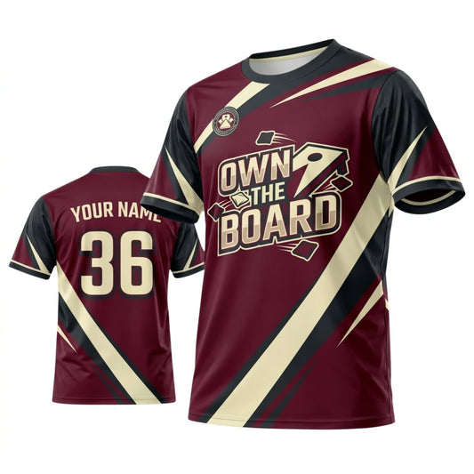 Maxcorners Cornhole Own The Board Burgundy Gold Personalized Name 3D Unisex Shirt
