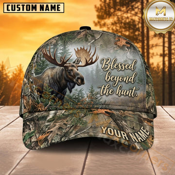 Maxcorners Moose Hunting Bull Moose Blessed Beyond the Hunt Forest Camo Customized Name 3D Cap