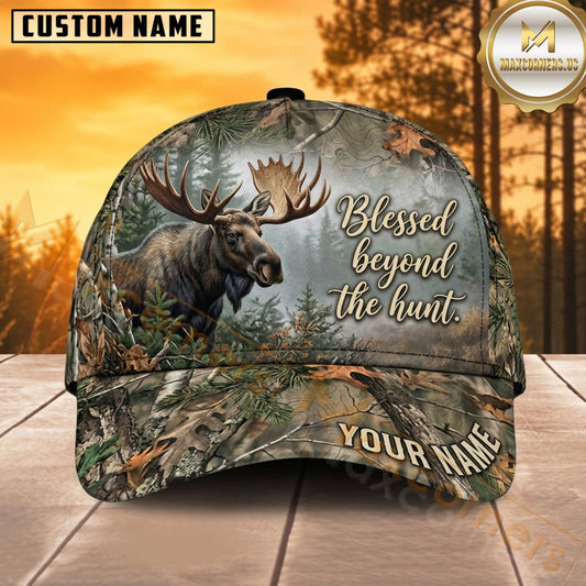 Maxcorners Moose Hunting Bull Moose Blessed Beyond the Hunt Forest Camo Customized Name 3D Cap