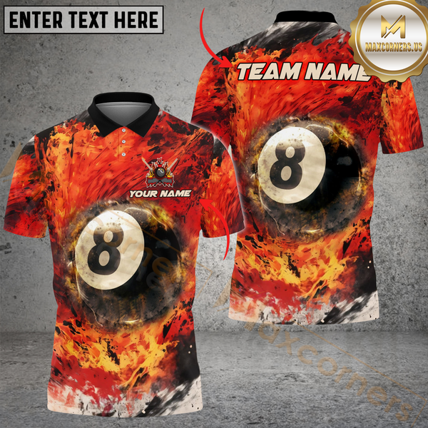 Maxcorners Billiard 8-Ball Pool Flame Inferno Multicolor Option Customized Name, Team Name 3D Polo Shirt