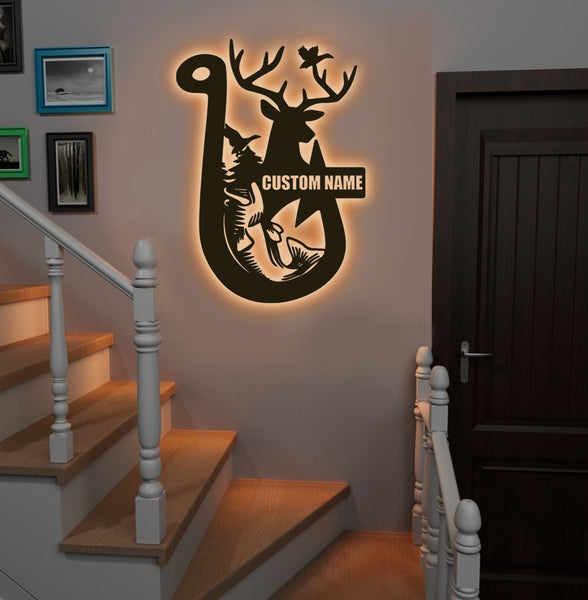 Maxcorners Personalized Hunting Metal Sign WITH LED/WITHOUT LED Light Fishing Wall Art Deer Head Sign Hunter Gift Duck Hunting Sign Bass Fishing Decor LM0110