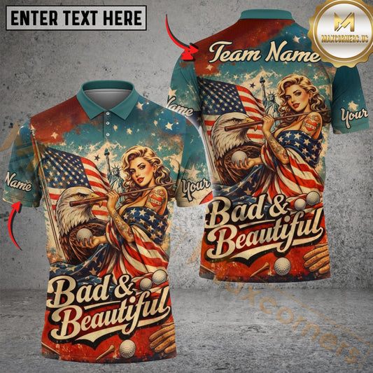 Maxcorners Golf American Flag Vintage "Bad & Beautiful" Patriotic Customized Name, Team Name Shirts