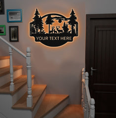 Maxcorners Personalized Deer Forest Metal Sign WITH LED/WITHOUT LED, Rustic Hunting Cabin Wall Decor, Wildlife Scene for Lodge or Mancave LM0110
