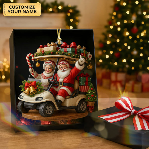 Maxcorners Happy Santa Old Couple On Golf Cart Acrylic Ornaments, Christmas Couple Ornament, Xmas Decorations