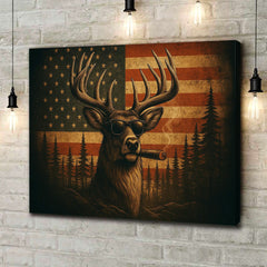 Maxcorners Deer Canvas Wall Art – Cool Buck with Sunglasses and USA Flag Rustic Hunting Lodge Decor