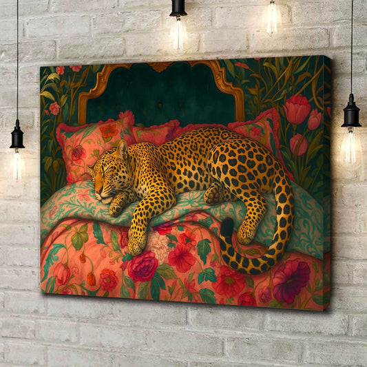 Maxcorners Sleeping Leopard Canvas Wall Art, Elegant Jungle Animal Painting, Vintage Floral Bedroom Decor for Wildlife Lovers