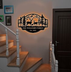 Maxcorners Personalized Deer Family Metal Sign WITH LED/WITHOUT LED - Rustic Cabin Wall Decor, Custom Name Hunting Lodge Sign LM0110