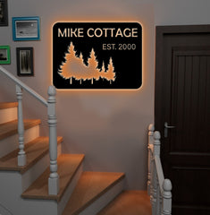 Maxcorners Personalized Forest Metal Sign WITH LED/WITHOUT LED - Rustic Cabin Name Sign With Pine Trees, Wall Art for Lodge & Home LM0110