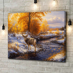 Maxcorners Personalized Deer Canvas Wall Art – Rustic Winter Landscape Painting – Hunting Lodge Home Decor