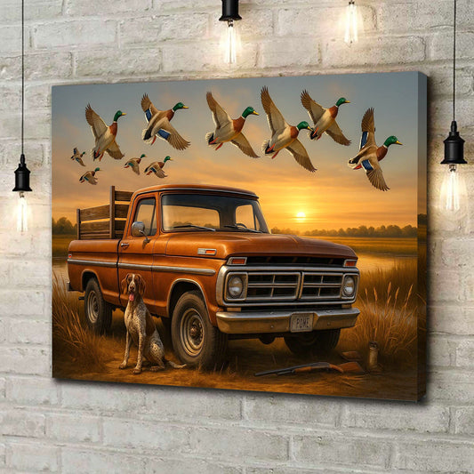 Maxcorners Rustic Hunting Canvas Wall Art – Vintage Pickup Truck with Hunting Dog & Flying Mallard Ducks at Sunset – Lodge Cabin Decor