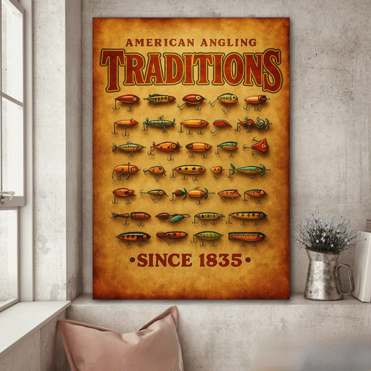 Maxcorners Vintage Fishing Lures Canvas Wall Art – Rustic Angling Lodge Decor Gift for Fishermen & Collectors