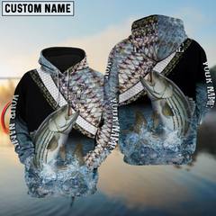 Maxcorners Strpied Bass Fishing Skin Water Personalized Name, Team Name 3D Long Sleeve Shirt