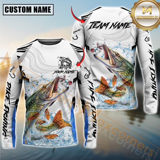 Maxcorners Pike Fishing White Black Curve Pattern Design Custom Name & Team Name 3D Shirts
