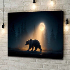 Maxcorners Bear Canvas Wall Art – Majestic Grizzly Walking Under Full Moon in Forest – Rustic Wildlife Lodge & Cabin Decor