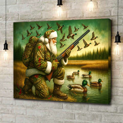Maxcorners Santa Duck Hunting Canvas Wall Art, Rustic Christmas Cabin Decor, Outdoor Waterfowl Hunter Gift for Holiday Season