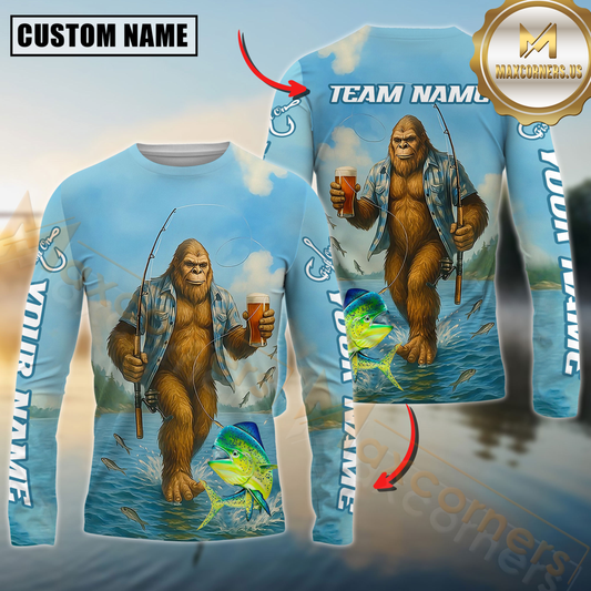 Maxcorners Funny Bigfoot Fishing Personalized Name, Team Name 3D Long Sleeve Shirt (Mahi-mahi, Tuna, Chinook, Marlin, Striped Bass, Salmon)