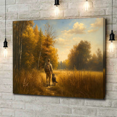 Maxcorners Hunting Canvas Wall Art – Hunter Walking with Dog in Autumn Forest – Rustic Wildlife Wall Decor for Cabin and Lodge