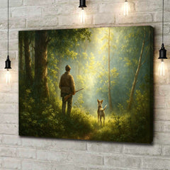 Maxcorners Hunting Canvas Wall Art – Hunter and Dog in Sunlit Forest – Rustic Cabin Decor for Wildlife and Outdoor Enthusiasts