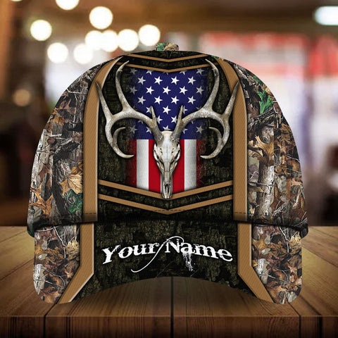 Maxcorners Cool American Flag Skull Deer Hunting Camo Pattern 3D Multicolor Personalized Cap