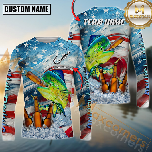 Maxcorners Fishing Beer & Usa Flag Graphic  Sun Protection Personalized Name, Team Name 3D Long Sleeve Shirt