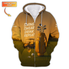 Maxcorners Swing Swear Drink Repeat Golf Wine Polos, Yellow Golf Shirt, Funny Golf Shirts For Golfers