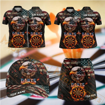 Maxcorners Darts Orange Flame Dartboard Design Personalized Team Sportswear Set - Polo Shirt, Cap & Skorts
