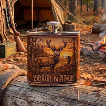 Maxcorners Hunting Sunset Whitetail Deer Forest Scene Personalized Name 3D Hip Flask