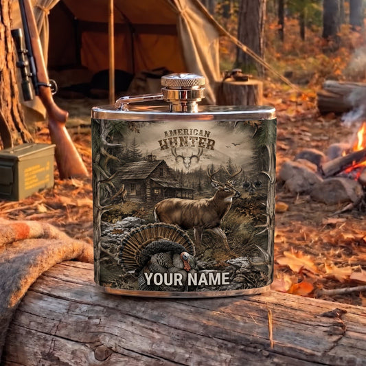 Maxcorners Hunting Vintage American Hunter Deer and Turkey Design Personalized Name 3D Hip Flask