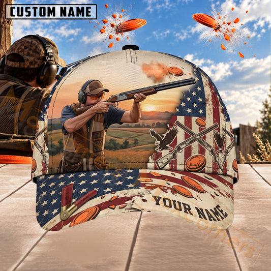 Maxcorners Trap & Skeet Shooting Vintage US Flag Shooter Personalized Name 3D Cap