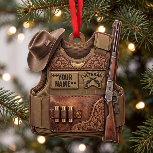 Maxcorners Veteran Western Tooled Leather Vest And Rifle Personalized Name 3D Keychain And Ornament