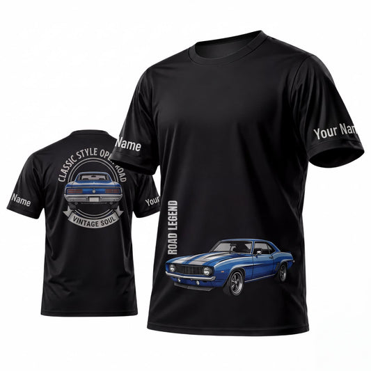 Maxcorners Personalized Car Classic Muscle Car 3D T-Shirt – Midnight Black and Blue Classic Muscle Car