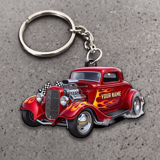 Maxcorners Hot Rod Red Vintage Coupe with Orange Flame Decals Personalized Name 3D Keychain And Ornament