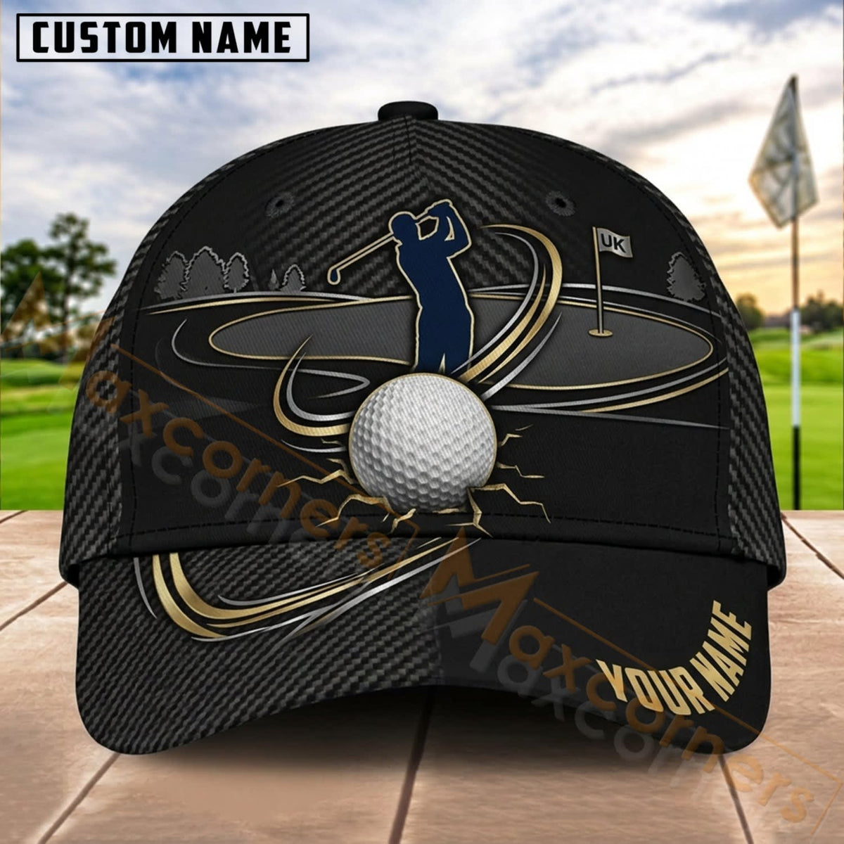 Maxcorners Golf Black Gold Golfer Ball Orbit Personalized Name 3D Cap