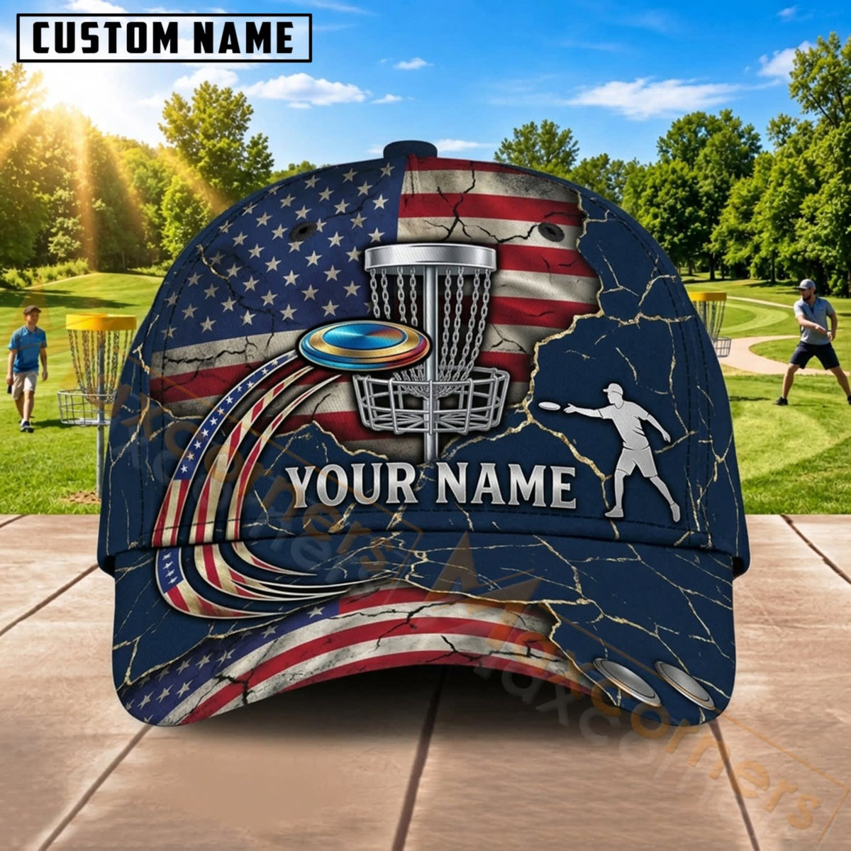 Maxcorners Disc Golf American Flag Triple Disc Basket Personalized Name 3D Cap