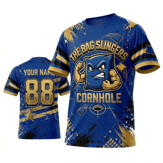 Maxcorners Cornhole Bag Slingers Blue Gold Mascot Personalized Name 3D Unisex Shirt