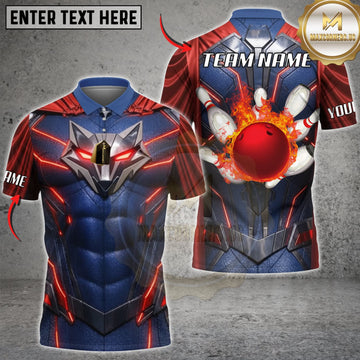 Maxcorners Bowling Red Blue Futuristic Armor Red Bowling Ball Personalized Name 3D Unisex Shirt