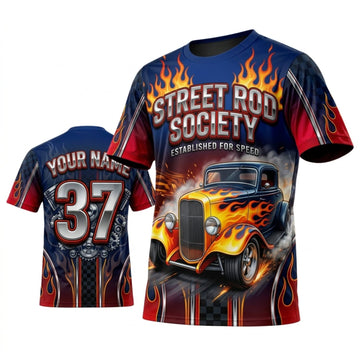 Maxcorners Personalized Car Classic Muscle Car 3D T-Shirt – Street Rod Society Red Blue Custom Hot Rod