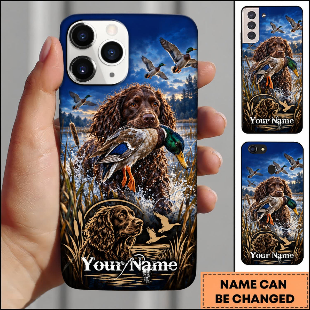 Maxcorners Duck Hunting German Shorthaired Pointer American Flag Marsh Adventure Personalized Name 3D Phone Case - Boykin Spaniel