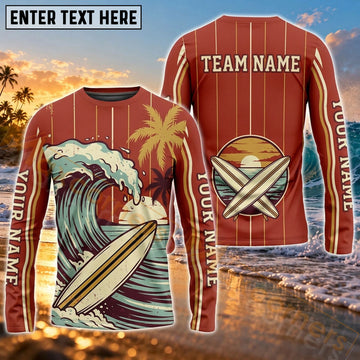 Maxcorners Surfing Palm Tree Sunset Beach Art Customized Name, Team Name 3D Long Sleeve Shirt