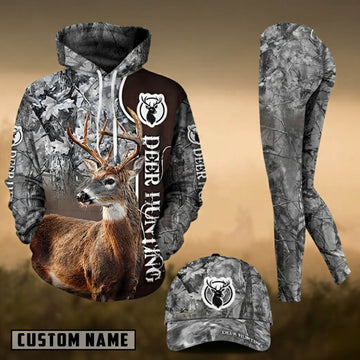Maxcorners Hunting Whitetail Deer Gray Woodland Camo 3D Combo Hoodie, Legging Set & Cap