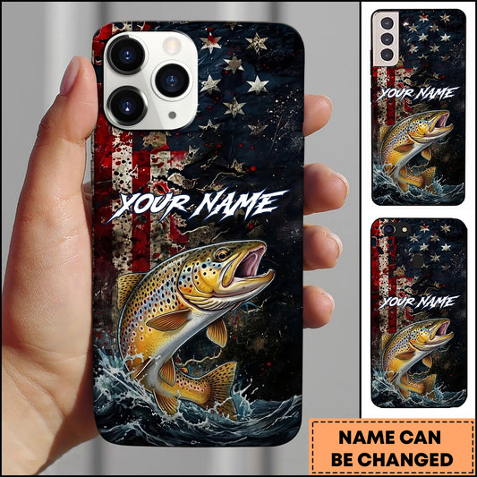 Maxcorners Trout Fishing Phone Case  Vintage USA Flag Grunge Wave Art Personalized Name Phone Case