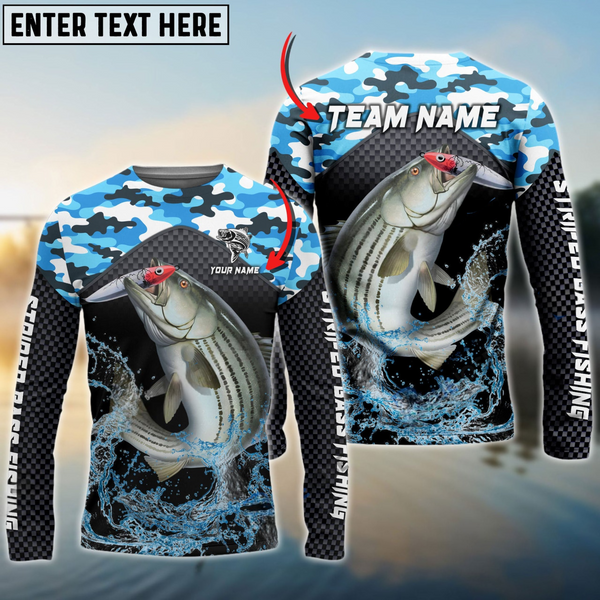 Maxcorners Striped Bass Fishing Blue Camo Sport Personalized Name, Team Name 3D Long Sleeve Shirt