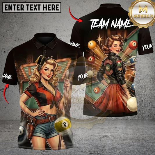 Maxcorners Billiards Vintage Billiards Pin-Up Lady Premium Personalized Name 3D Unisex Shirt