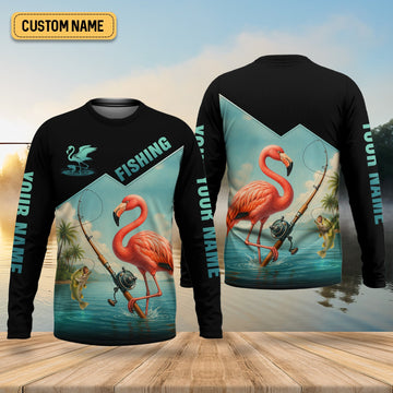 Maxcorners Flamingo Fishing, Hooded UPF Shirt, Funny Fishing Shirt, Men Jersey, Presents For Fishermen