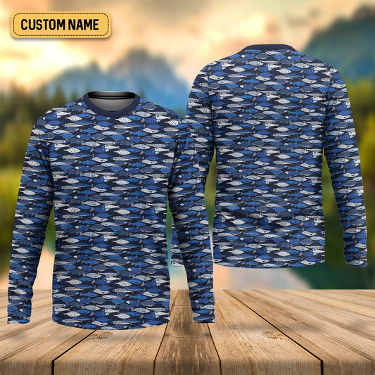 Maxcorners Blue Fish Pattern Performance Fishing Shirts, SPF Shirt For Men, Hooded Fishing Shirt, Fishing Shirts For Men