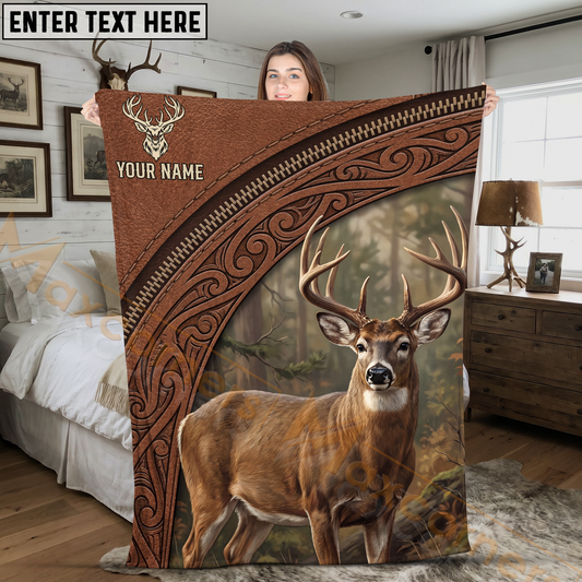 Maxcorners Rustic Leather Whitetail Deer Woodland Portrait Personalized 3D Blanket