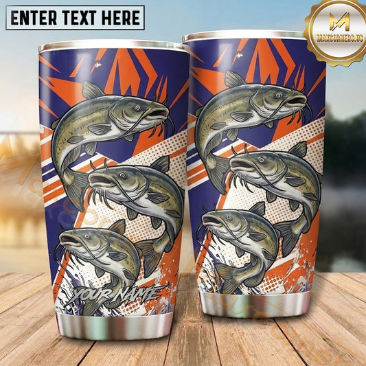 Maxcorners Fishing Tumbler Retro Orange Navy Stripe Design Personalized Name Tumbler (13 Species)